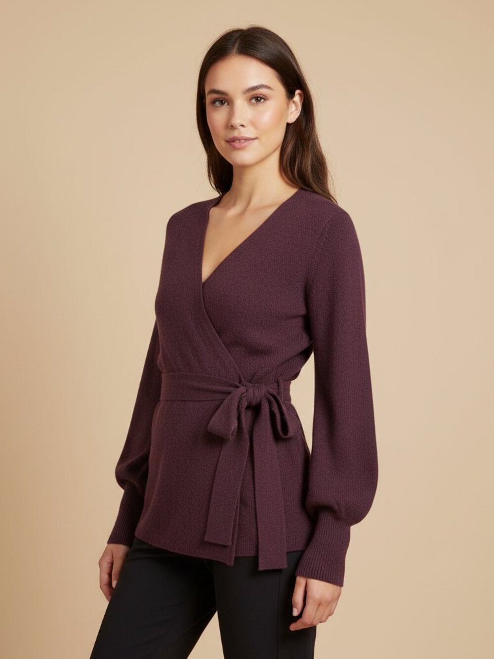Athleta Merino Wool Cashmere Wrap Sweater XS — Plum Ribbed Tie Waist